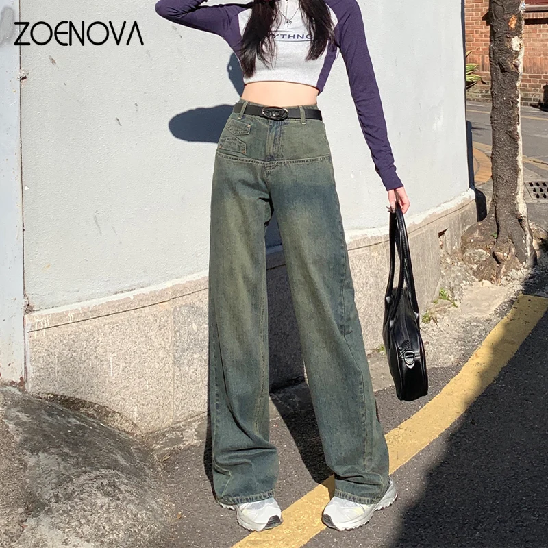 ZOENOVA 아메리칸 레트로 스트리트 2024 용수철 와이드 레그 팬츠, Y2K 향수 90 년대 하이 웨이스트 탄성 스트레이트, 다목적 여성 청바지, 신제품