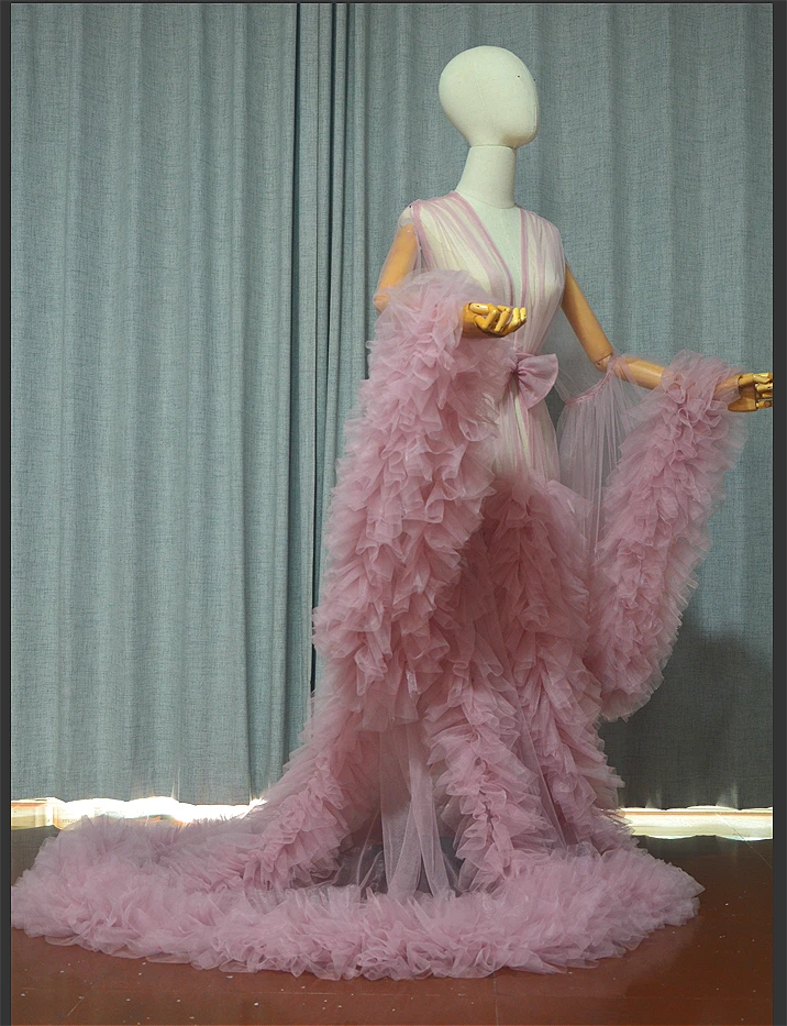 Sweet Girl Vintage Tulle Robe Perspective Sheer Tulle See Through Long Pink Dressing Gowns Fluffy Maternity Dress Photoshoot 1