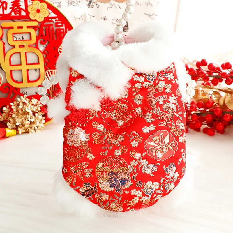 

Новогодняя одежда для собак, Китайский праздник весны, одежда для домашних животных, костюм Тан, чонсам, одежда для кошек, щенков, для йорков, померанский