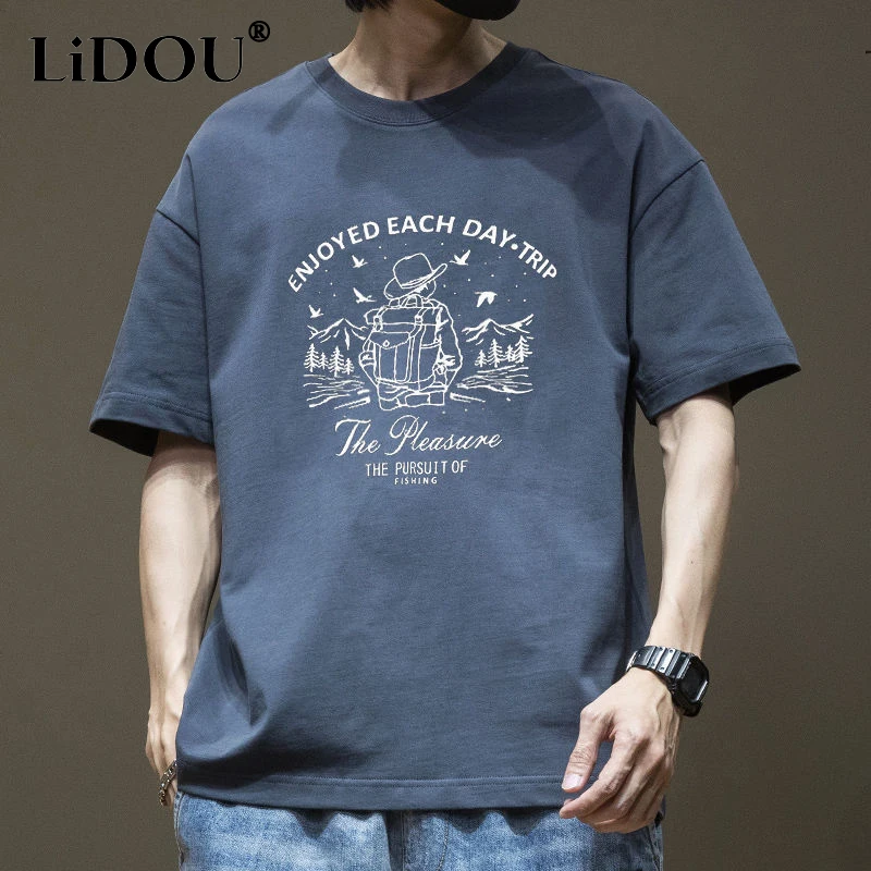 

Summer Autumn Pure Cotton Casual Comfortable Simple Design T-shirt Man Short Sleeve Loose Print Top Male Letter Gentmen Pullover