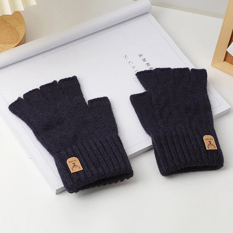 Thermal Winter Warm Half Finger Gloves, 2 Pair Plush Knitted Gloves, Outdoor Driving Working Running Cycling Gloves, Half Finger Cycling Gloves, For Mountain Bike, Road Bicycle, Black, Navy Blue