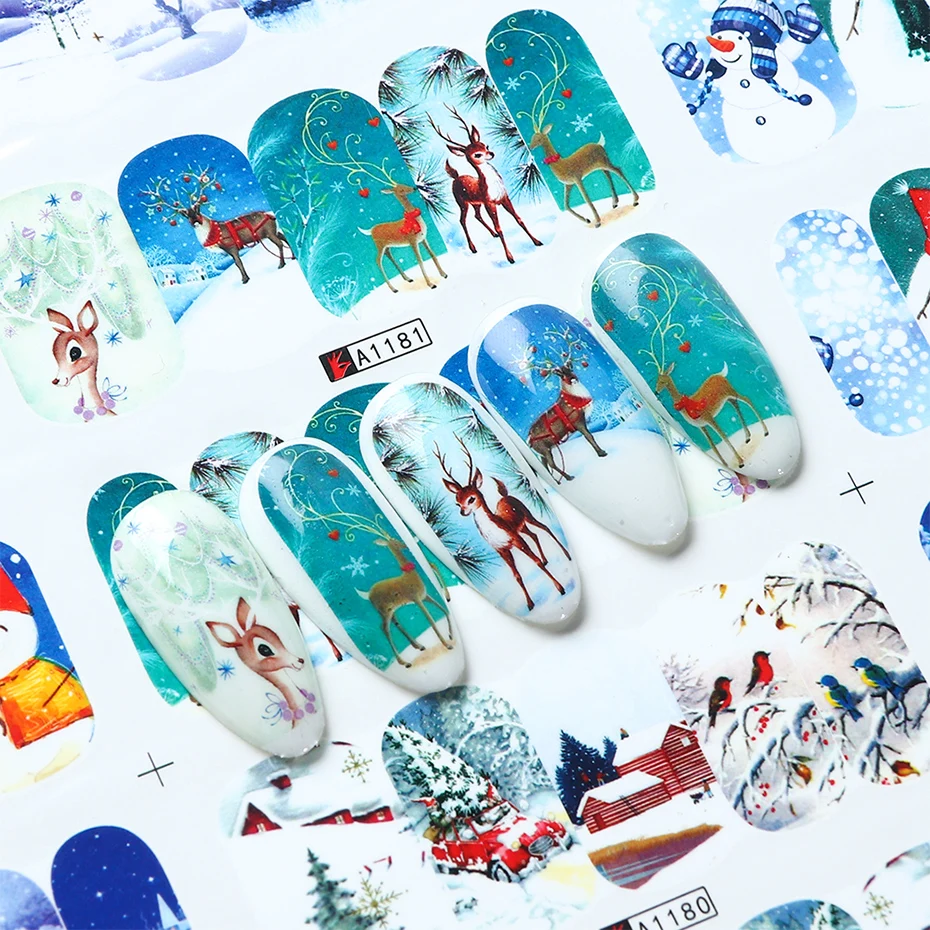 12pcs Christmas Nail Sticker Santa Claus Elk Snowman Gift Water Transfer Slider Full Wrap Xmas Cartoon Winter Decal SABN/A-1