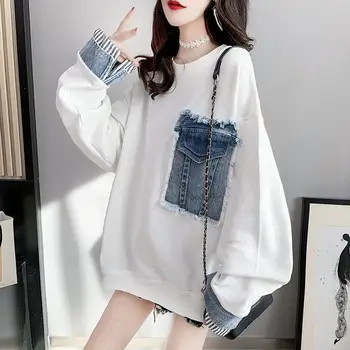 여성용 스웻셔츠 상의 화이트 롱 풀오버, 2000 년대 소매 여성 의류, 기본 드롭쉬핑 M, 프로모션 매칭 필수