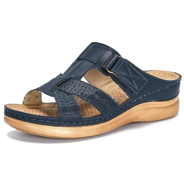 Women Casual Sandals Comfortable Soft Slippers Embroider   Flower Colorful Ethnic Flat Platform Open Toe Outdoor Beach Shoes B navy blue