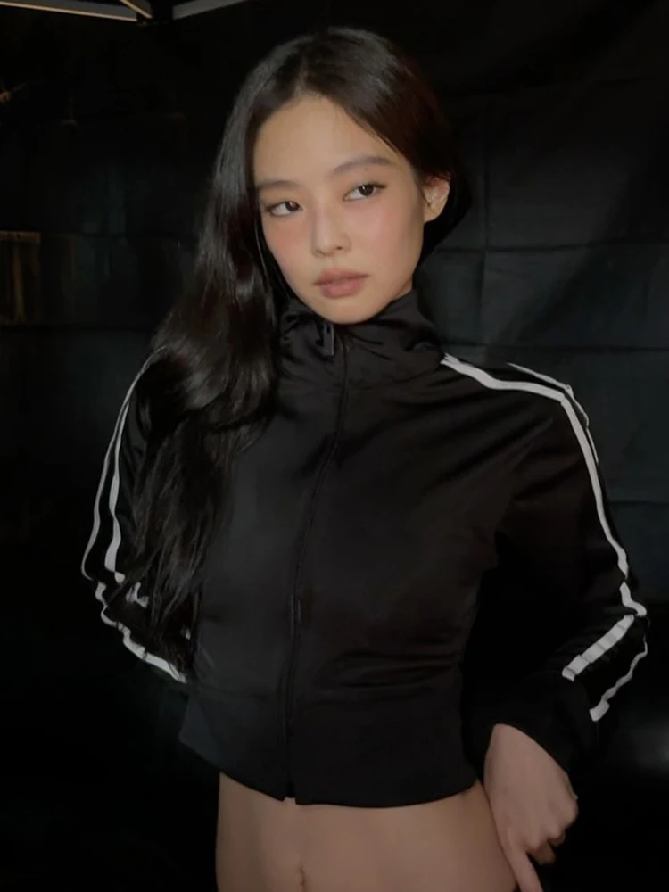 Nibber Zipper Jacket Women Stripe Long Sleeve High Neck Stretch Skinny Autumn New Trend Sporty Simple Hottie Classic Streetwear