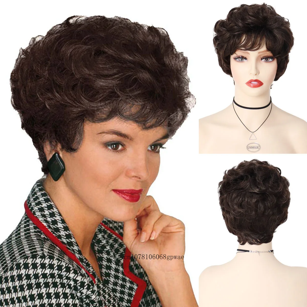 Women's Wig Short Curly Hair Dark Brown Wig with Bangs Natural Daily Fluffy Hairstyle Great Grandma Mommy Gift Wig Cosplay Party