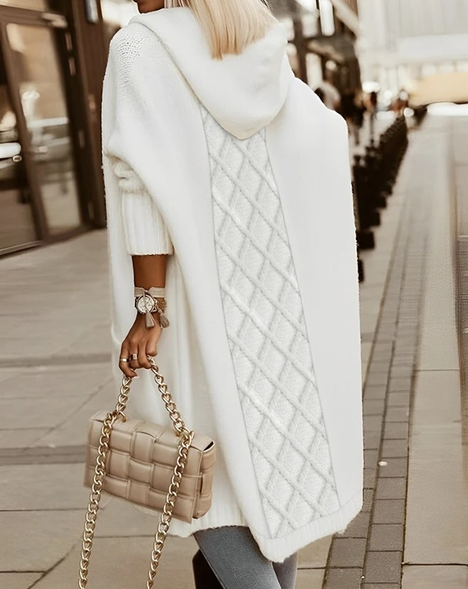 

Autumn Women Fashion Argyle Pattern Hooded Longline Cardigan New Winter Women's Casual Long Sleeve Pocket Design Coat