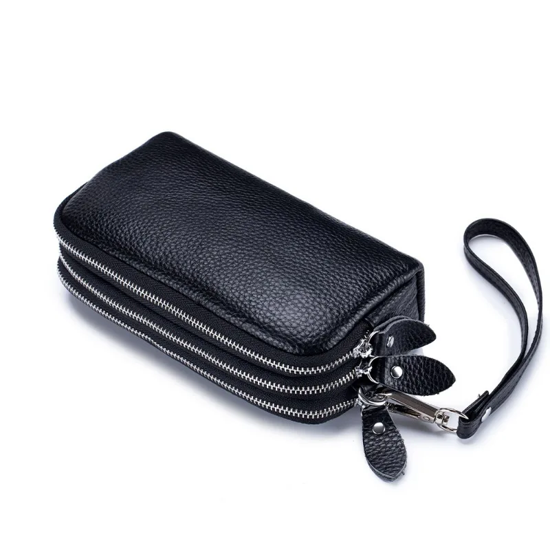 Genuine Leather Long Purse Ladies Can Hand Hold Bag Large Capacity Simple Three Zipper Middle Wrist Grab Bag Wholesale
