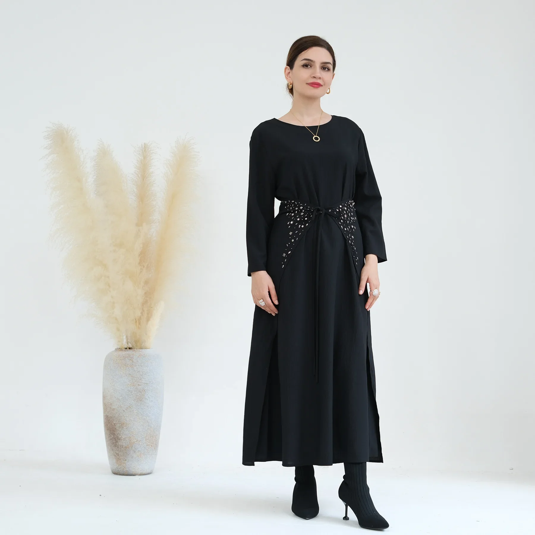 3 Piece Abaya Kimono Wrap Skirt Matching Outfit Muslim Sets Turkey Hijab Dress Pineapple Crepe Open Abayas for Women Dubai Islam