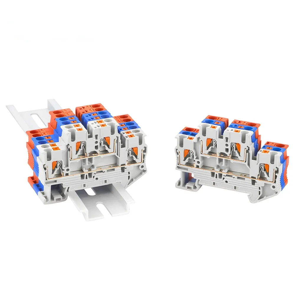 DIN Rail Terminal Block PTTB-2.5 10Pcs 4 Colors Double Layer Spring Clamp 24A 500V AWG26-16 PE Conductor