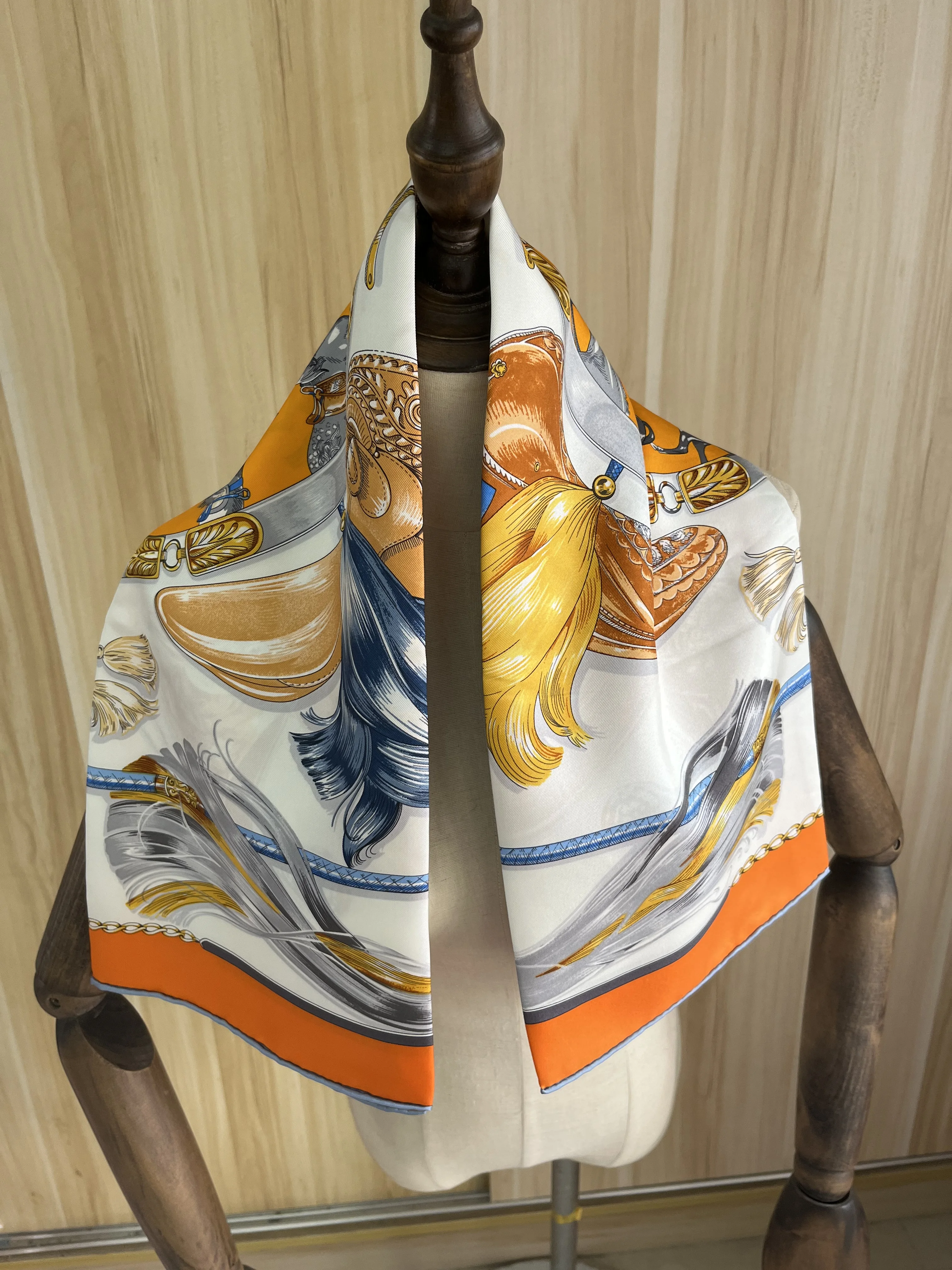 

2022 new arrival fashion brand orange 100% silk scarf 90*90 cm square shawl twill wrap for women lady hijab free shipping