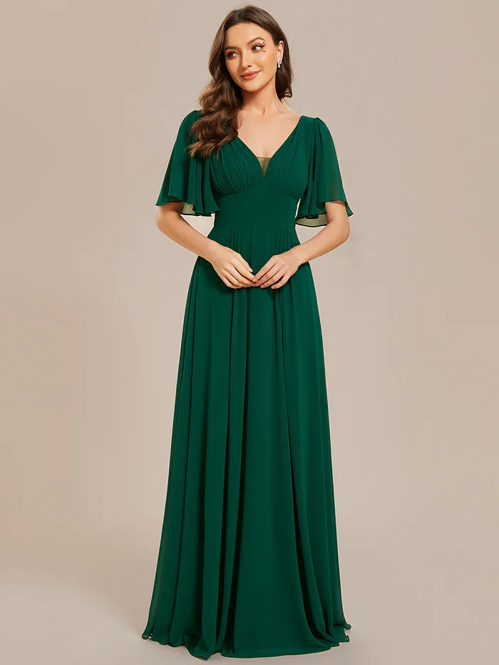 Ever Pretty Simple Chiffon Short Sleeves Empire Waist V Neck A-Line Maxi Bridesmaid Dress