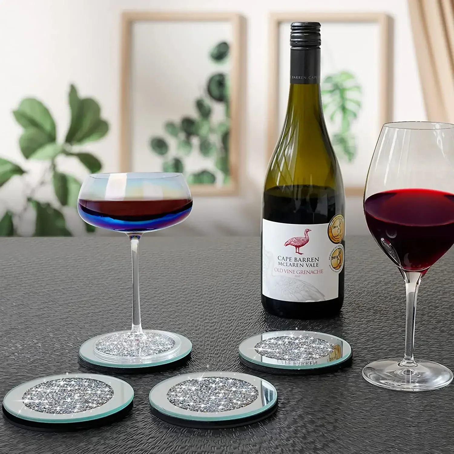 Glitter Glass Coasters Set Of 4 - Round Mirrored Coaster With Crushed Diamond Design, 4x4 Inch