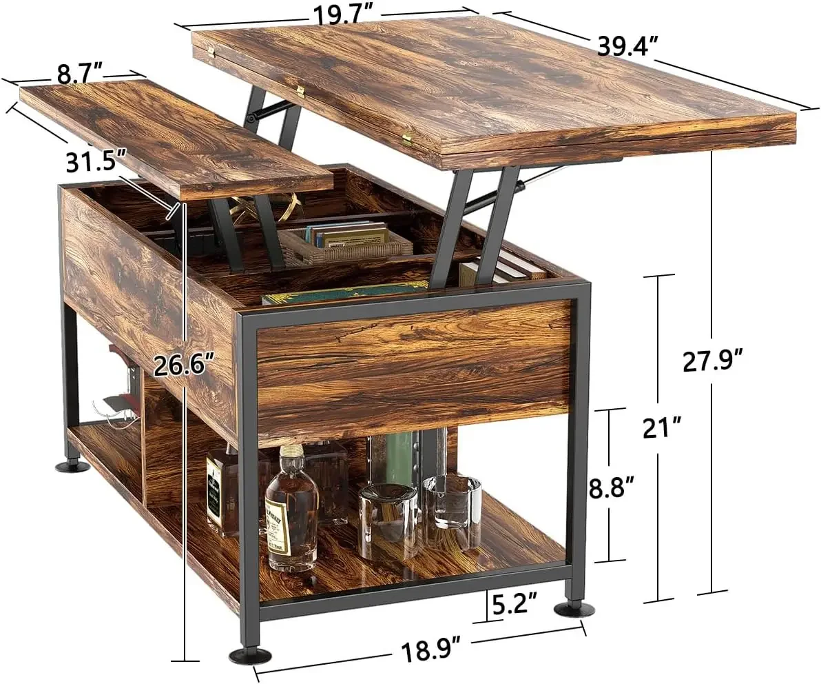 40" Lift Top Coffee Table ，4 in 1 Convertible Dining Table with Hidden Compartment Home Office, Rustic Brown 2