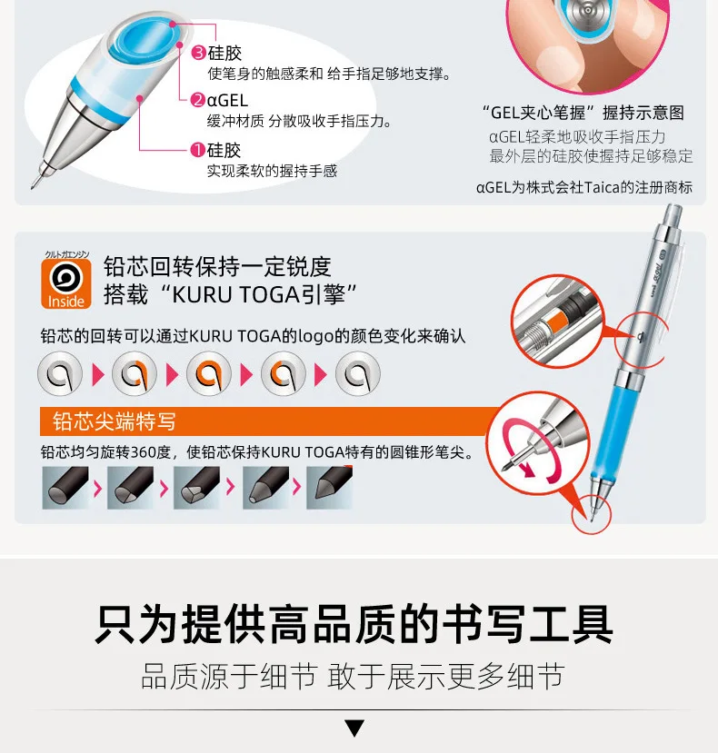Japanischer Uni M5-858GG Druckbleistift, KURU TOGA, ein Gel, weicher Griff, automatischer rotierender Bleistift, 0,5 glattes Schreiben, Zeichnen, Kunstbedarf – Detail 5