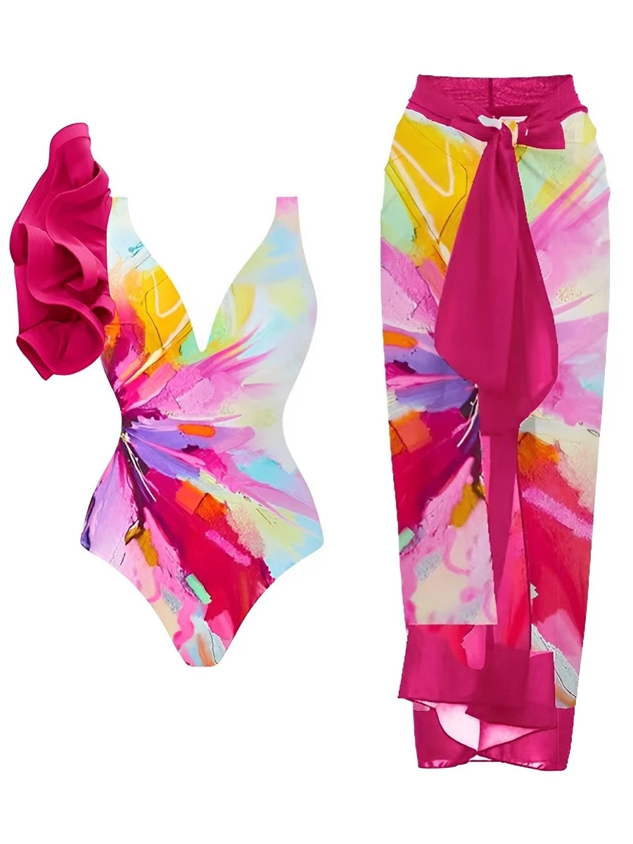 2025 Frill One Piece Swimsuit & String Skirt Padded Sexy Swimwear Women Bathing Suit Female Swimming Summer Beachwear Bodysuit 2