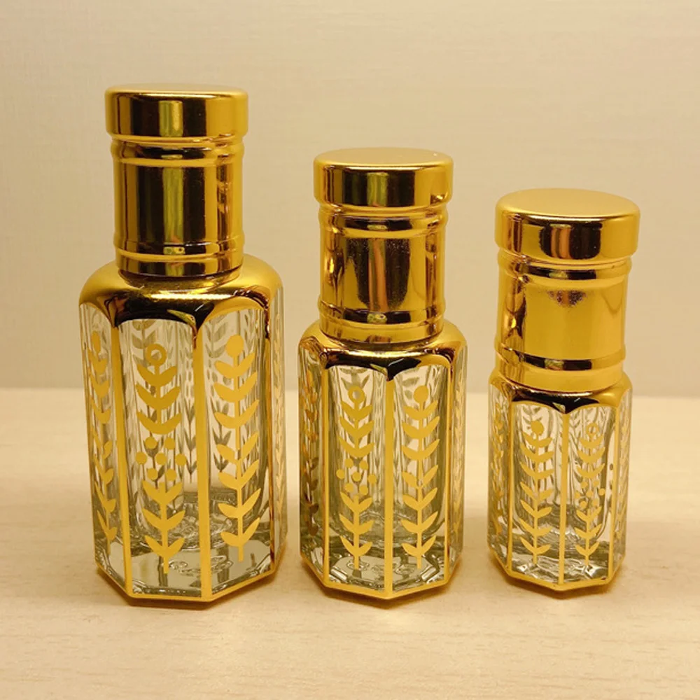 

4pcs/lot 3ml 6ml 12ml Octagonal Golden UV electroplating technology Empty Refillable Glass Perfume Bottles Essential Oil Bottle