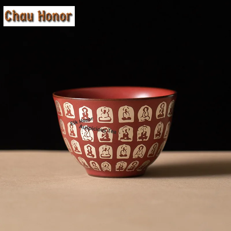 1pc 60ml Cinnabar Red Buddha Teacup Coarse Pottery Tea Bowl Jug Tea-tasting Fragrance Cup Jianzhan Master Cups Tea Ceremony Gift
