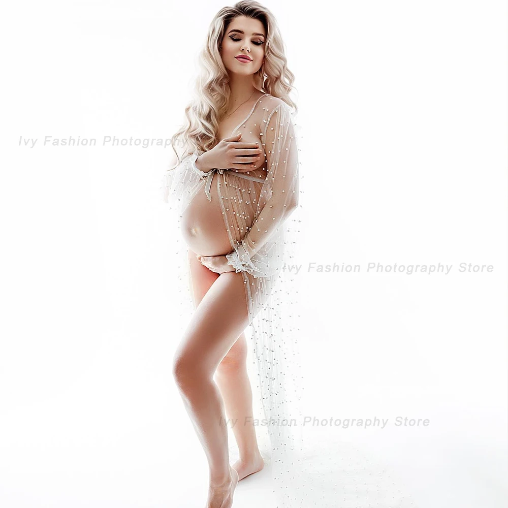 Maternity Photography Props Dress Dense Pearl Tulle Perspective Women's Long Coat Photo Shoot Photography Dress For Women