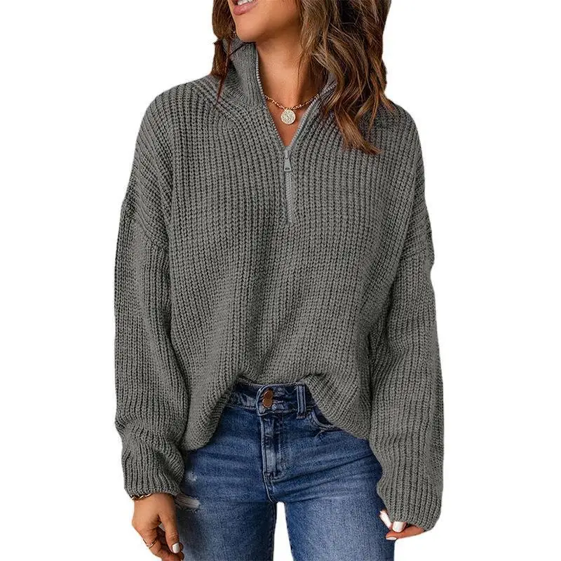 

Casual Retro Sweater Loose Zipper Stand Collar Long Sleeve Sweater Women Fashion Streetwear Fall Winter Women's Pullover