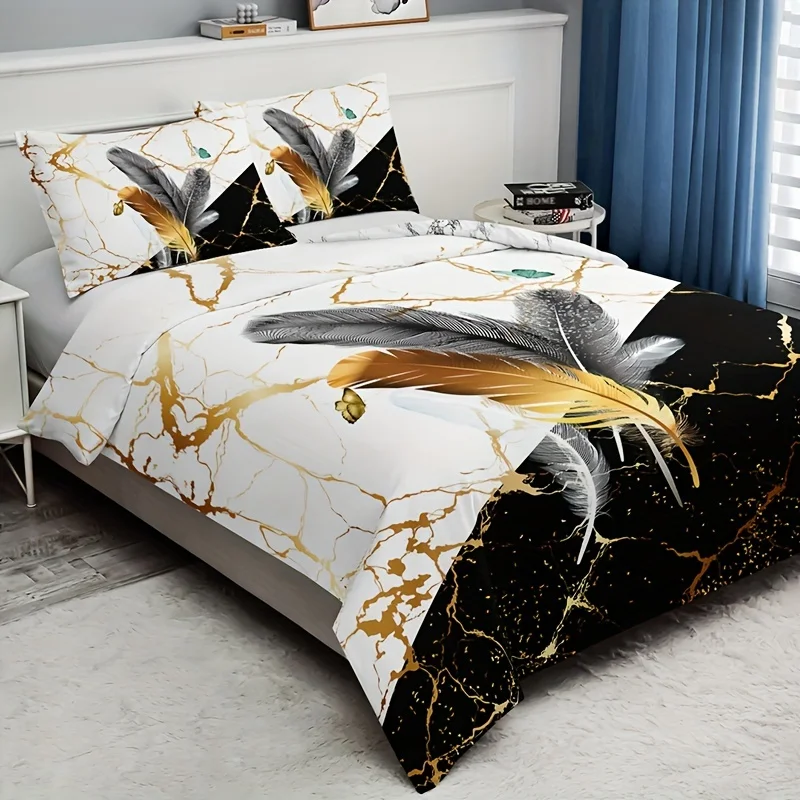 Fashion Duvet Cover Set, Bronzing Marble Feather Print Bedding Set, Soft Comfortable Duvet Cover, For Bedroom, Guest Room