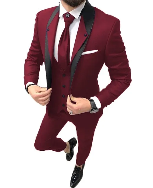 

Men's Three-Piece Suits Black Overlapping Collar Slim Fit Male For Business Causal Men And Groomsmen Wedding Clothing