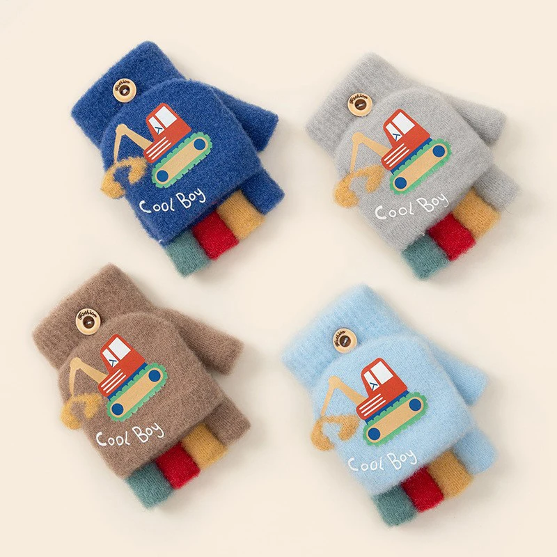 Winter Gloves Baby Mittens Cartoon Winter Gloves for Boy Cute Excavator Thick Warm Kids Half Finger Flip Mittens Outdoor Toddler Windproof Children Gloves