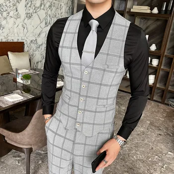남성용 슬림 격자 무늬 조끼, 비즈니스 조끼, 영국 스타일, 남성 레저 정장 조끼, 패션 상의, 2023 신상