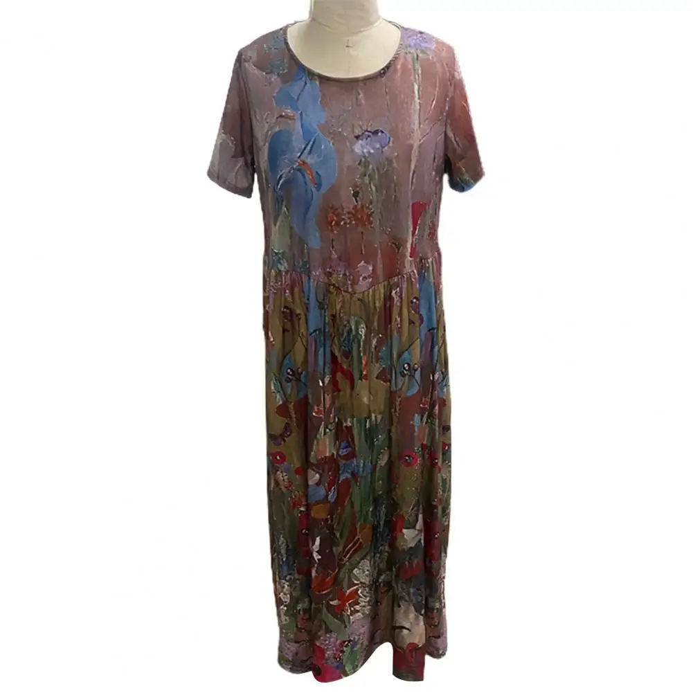 

Women Long Dress Floral Print Summer Dress Floral Print Maxi Dress with Pleated O Neck Short Sleeves Retro Summer for Any