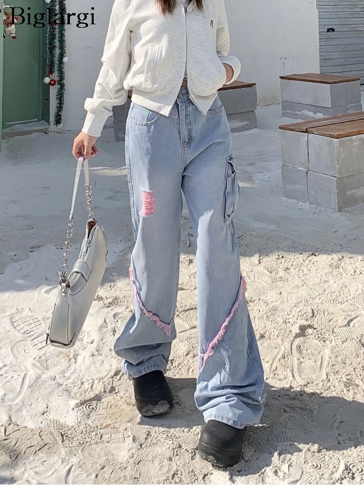 

Jeans Spring High Waist Long Pant Women Hole Irregular Fringe Fashion Ladies Trousers Korean Loose Wide Leg Pleated Woman Pants