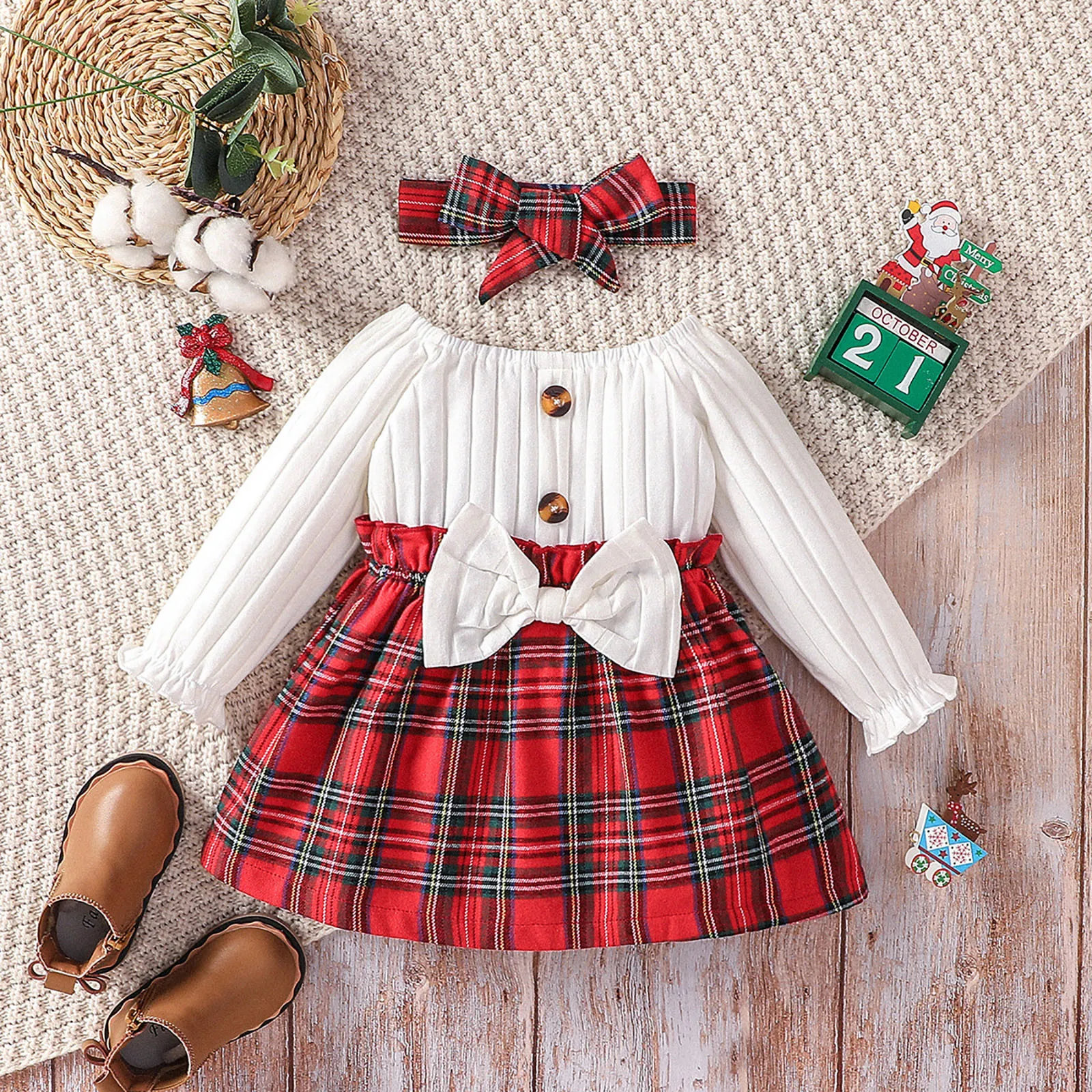 

Girl Dress For Kids 3M-2Y Fashion Long Sleeve Christmas Red Plaid Princess Formal Dresses Bowknot Party Dress+Headband Xmas Gift