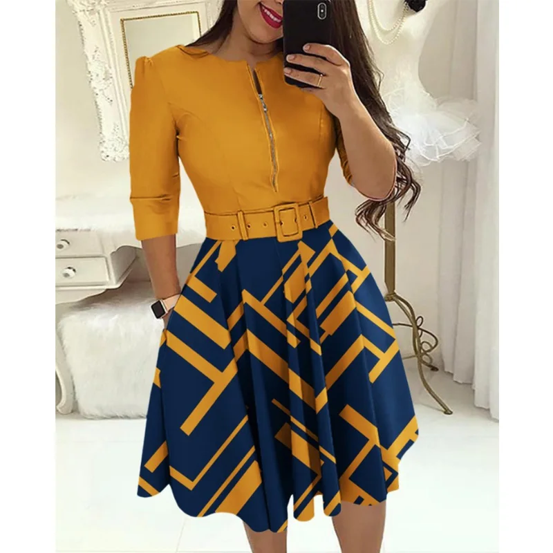 

2023 Autumn Fashion Printing Zipper Belt A-line Dress Women Office Ladies Elegant Half Sleeve Slim Mini Dress Women
