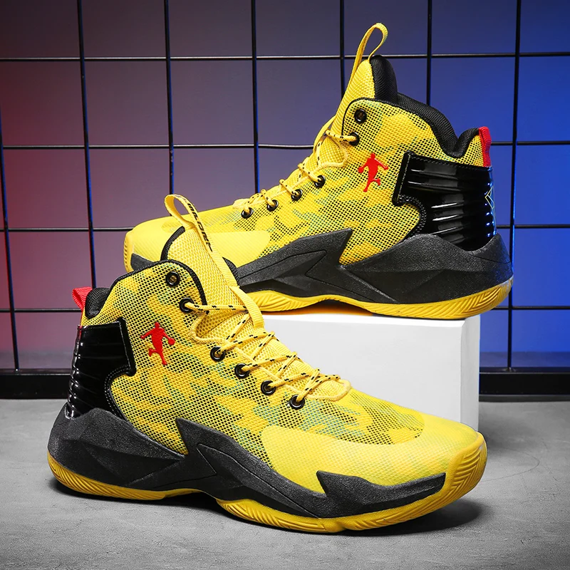 Fashion Mesh Yellow Basketball Shoes Men High Top Nonslip Mens