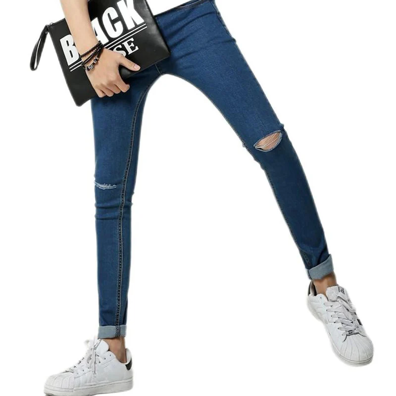 

Knee Ripped Mens Skinny Jeans Slim Fit New 2023 Korean Fashion Holed Denim Pencil Pants Blue / Black / White