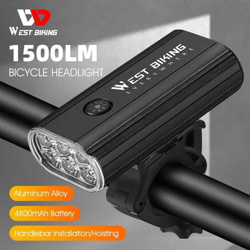 

WEST BIKING 1500LM Bike Light Multiple LEDs Bicycle Headlights Battery Indicator IPX6 Waterproof Cycling Light WIth Double Mount
