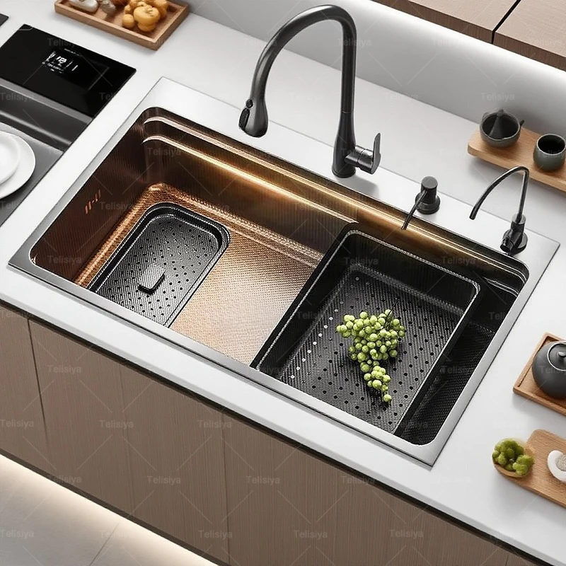 อ่างล้างจานสแตนเลสสีเทาในครัวเรือนขนาดใหญ่ช่องเดียวล้างผักและจานอ่างล้างหน้ามัลติฟังก์ชั่จานอ่างล้างหน้า 1