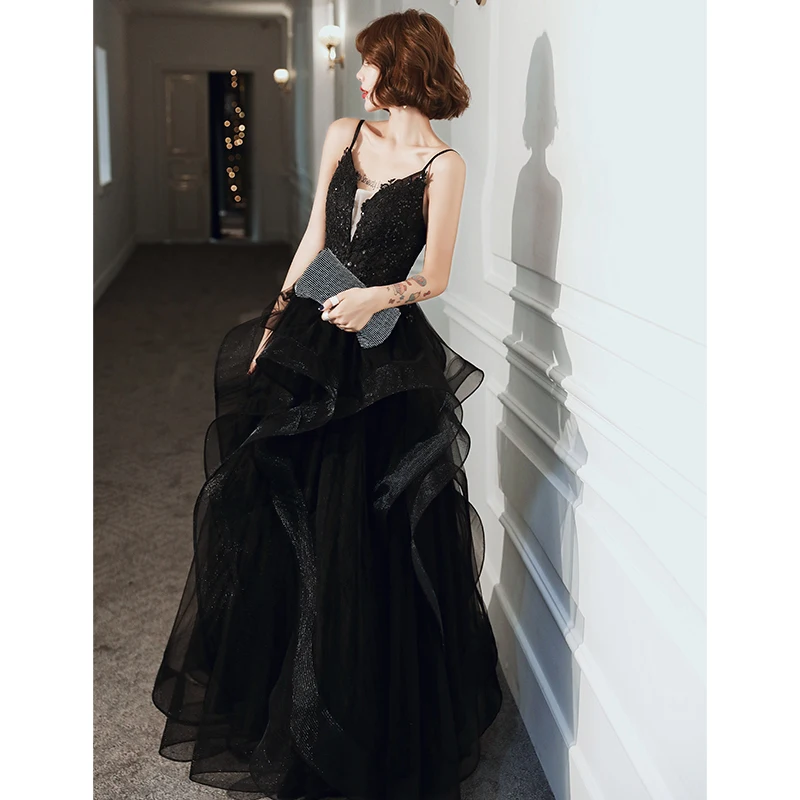 U426 New Sexy Black Grey Blue Long Evening Prom Dresses Banquet Party Ball Prom Dresses Woman Formal Gown Tiered Party Dress