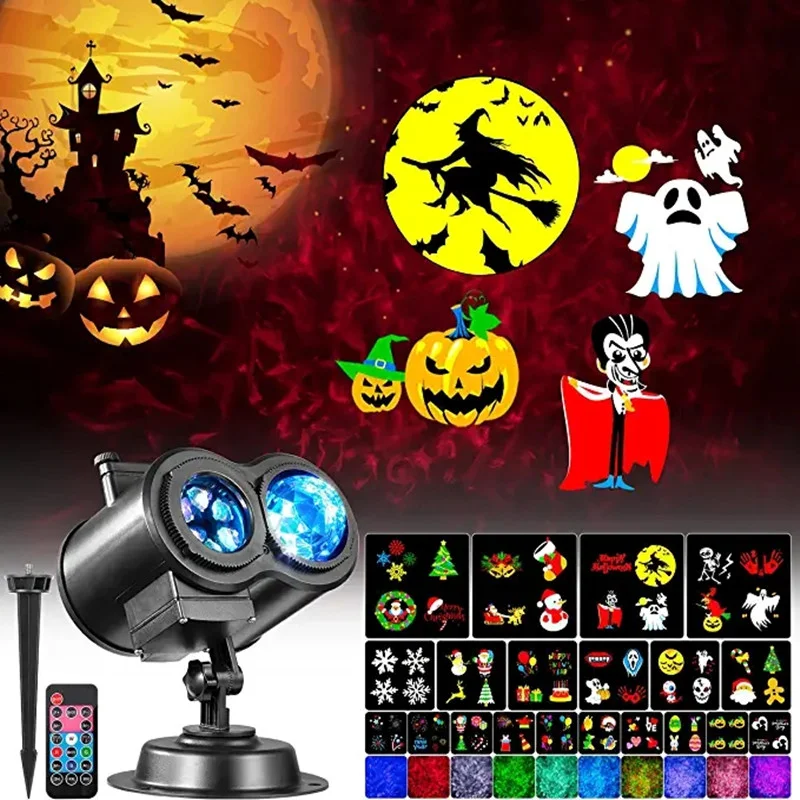 

Halloween Projector Lights Outdoor Waterproof Double Tube 16 Pattern 3D Ocean Wave Lawn Lamp for Christmas Halloween Decorations