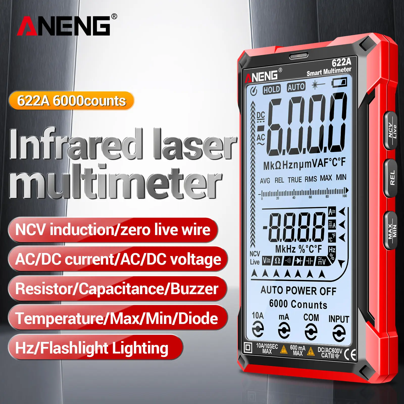 

Digital Multimeter Tester Smart Touch Auto-Ranging 6000 Counts Rechargeable Anti-burning Ohm Amp VoltMeter With DC/AC Current