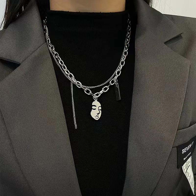 

European and American Individualized Hip Hop Ins Figure Necklace with Titanium Steel Colorless Double Layer Overlay