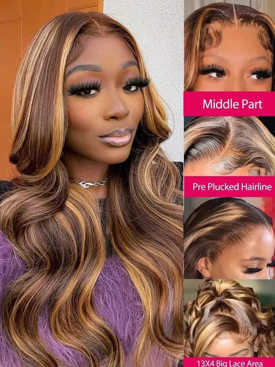P4/27 Highlight Ombre Brown Body Wave 13x4 HD Lace Front Human Hair Wigs Honey Blonde Colored Pre Plucked Long Wigs For Women 3