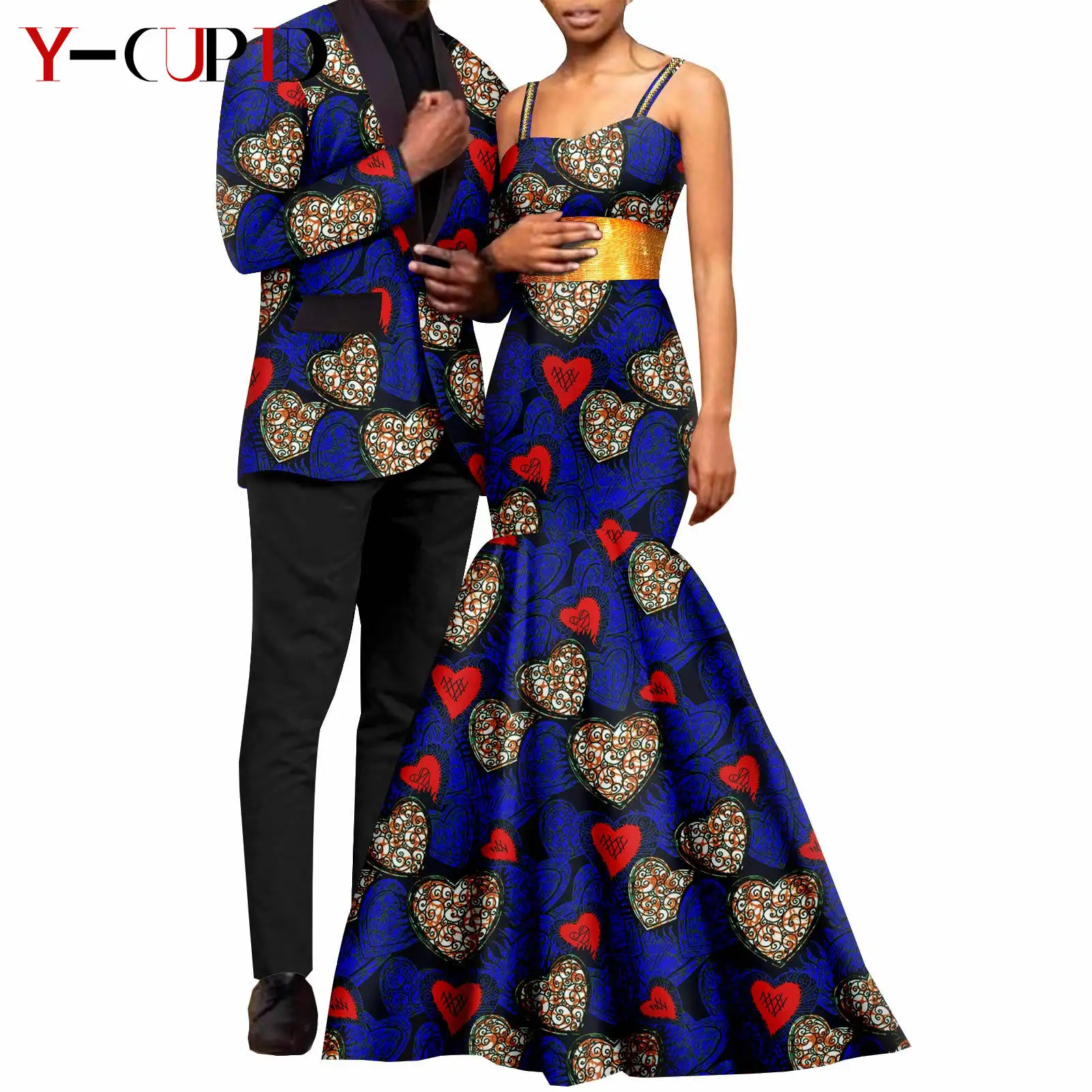 African Print Long Dresses for Women Matching Men Suits Outfits Dashiki Ankara Jackets Coats Bazin Riche Wedding Wear Y23C065