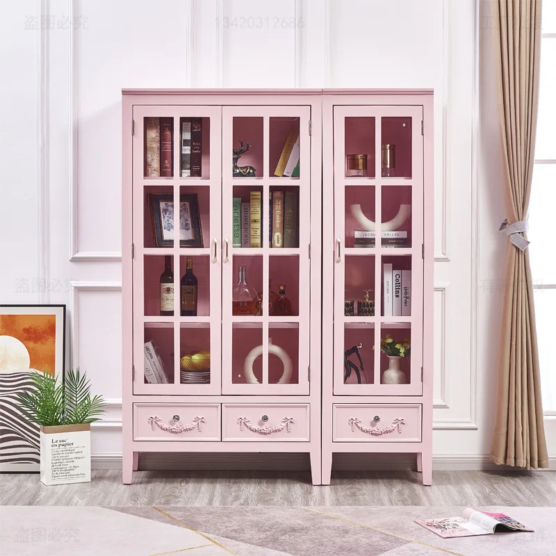 

Glass Door Floor-Standing Rack Bookshelf Pink Wine Cabinet Solid Wood Display High Cabinet