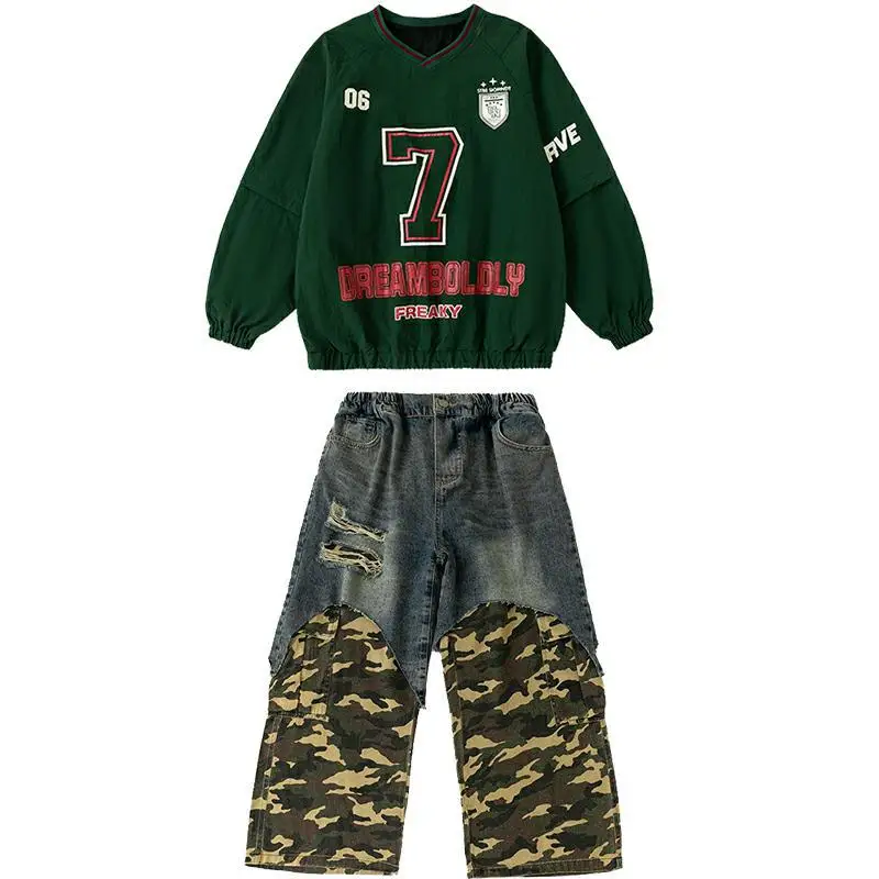 소년 소녀 스트리트웨어 힙합 재즈 스포츠 슈트 티셔츠 카모플라주 스플라이싱 데님 카고 팬츠 트랙슈트 어린이 의류 코스튬 세트 16