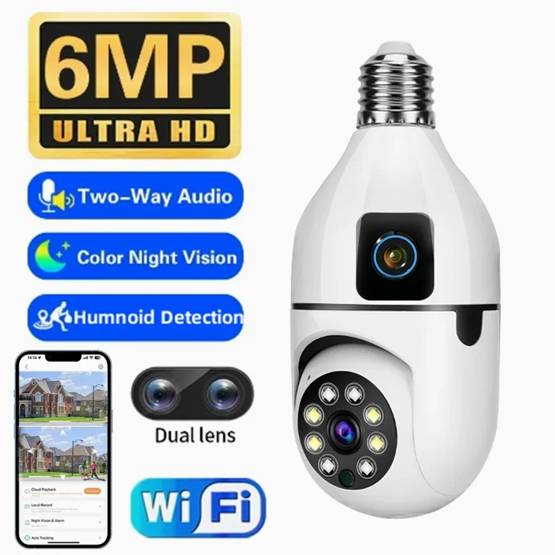 Wifi 6Mp E27 Lampadina Fotocamera Doppia Lente Sorveglianza Interna Ai Monitoraggio Umano Telecamere Di Allarme Vocale Wireless Smart Home Monitor Zoo