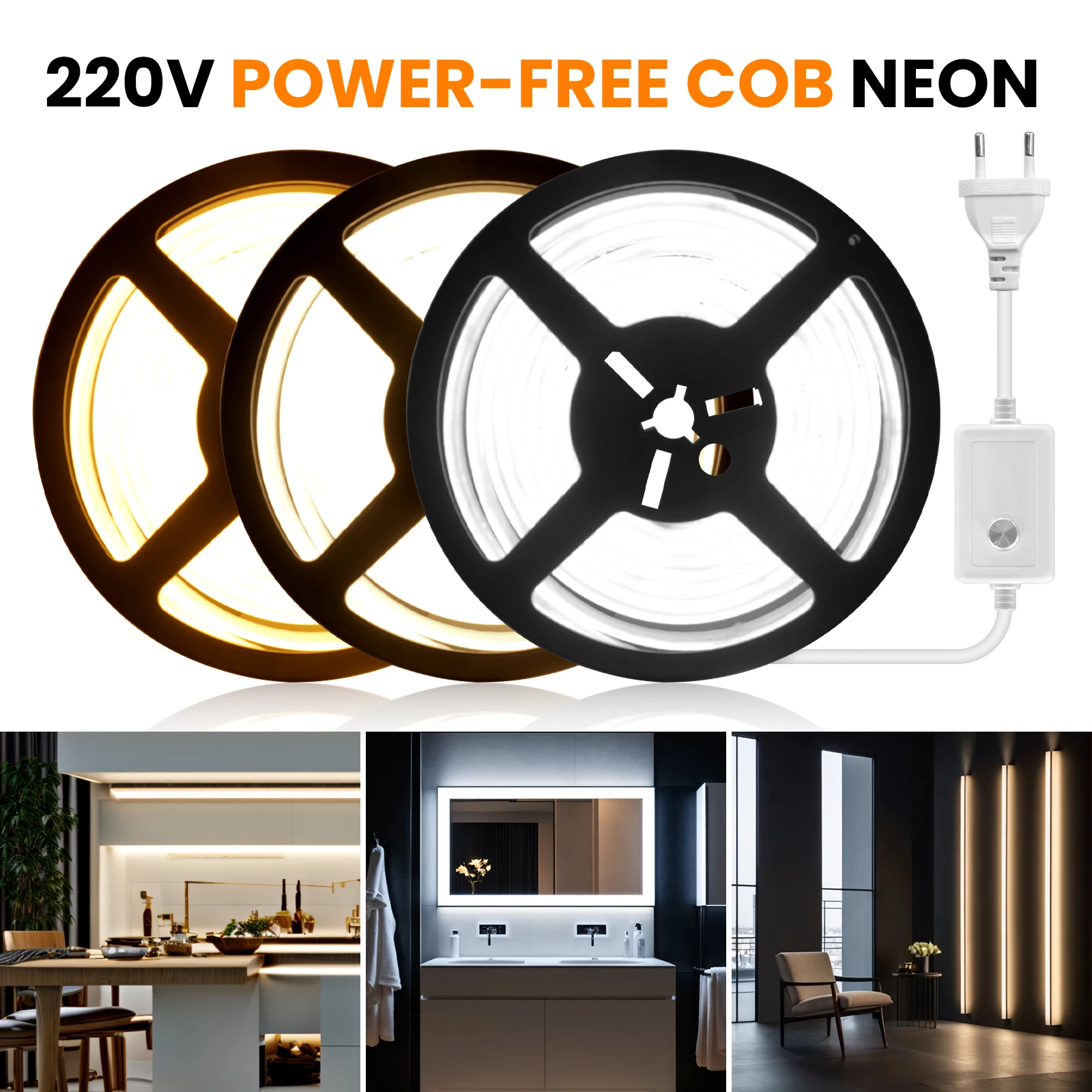 220V Dimmable COB LED Neon Strip Light Adhesive Waterproof Outdoor RA90 IC 240LED/M Flexible Ribbon Tape With Switch/Dimmer Plug - 3