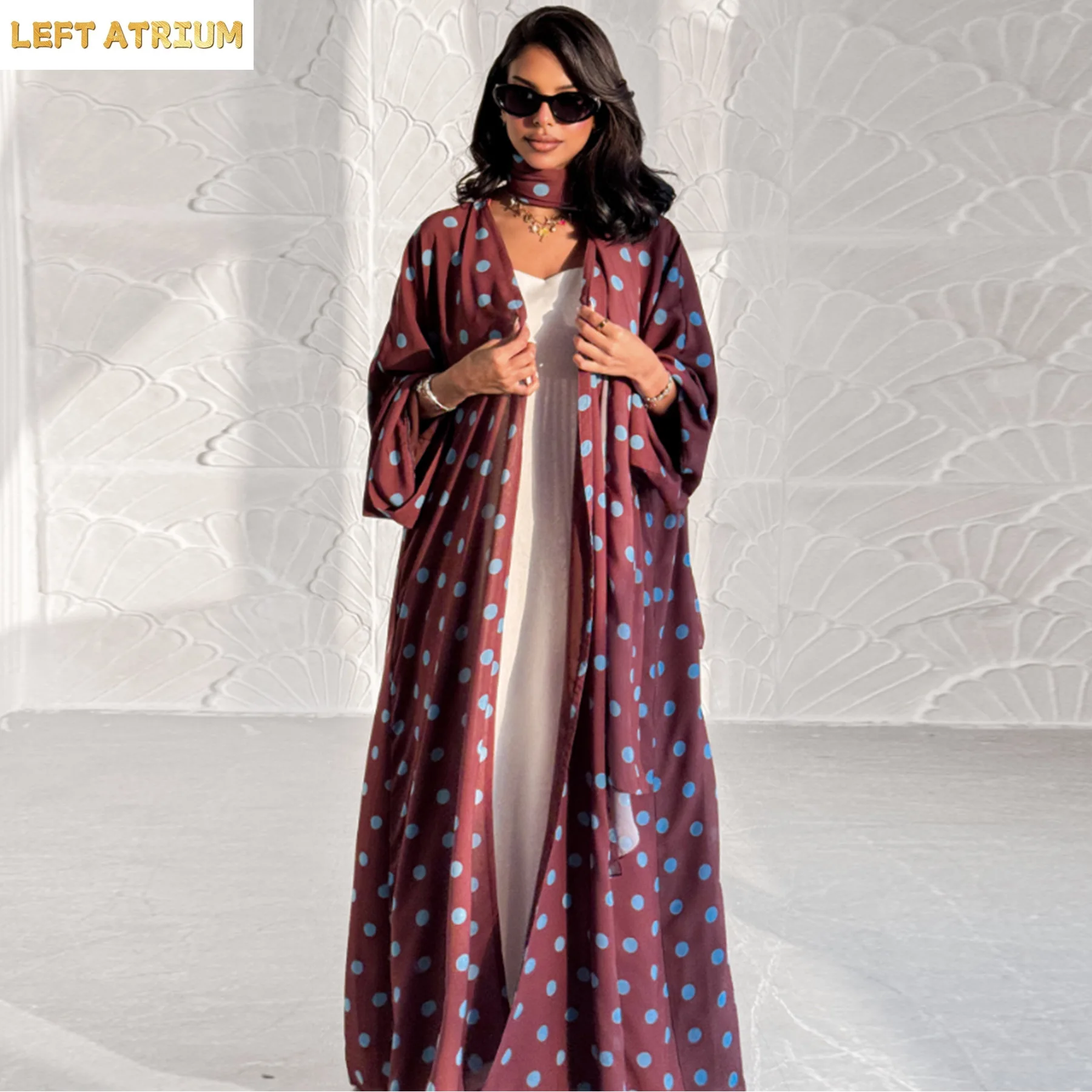 Dubai Polka Dot Kimono Cardigan Robe Headscarf Set Muslim Dress Women Islam Clothing Ramadan Eid Open Abaya Turkey Kaftan Abayas 5