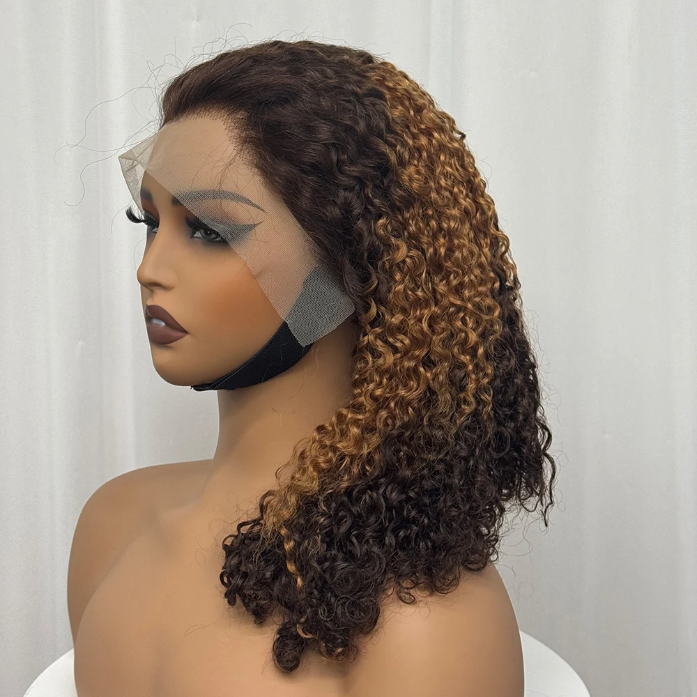 300% Density Burmese Full Pixie Curly Hair Wig Ombre Bob Human Hair Wig 13x4 Transparent Lace Front Wig for Black Women 16 inch