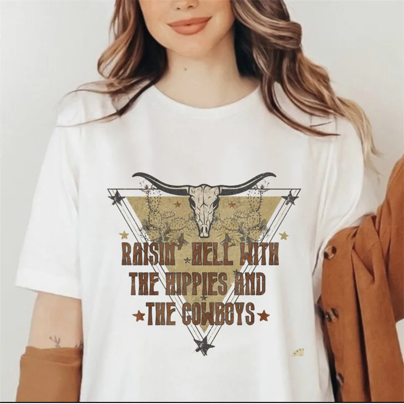 

COTTON T Shirt Cow Skull graphic Print Summer Womens Clothing Casual T-shirt Vintage Female Clothes Short Sleeve Tops