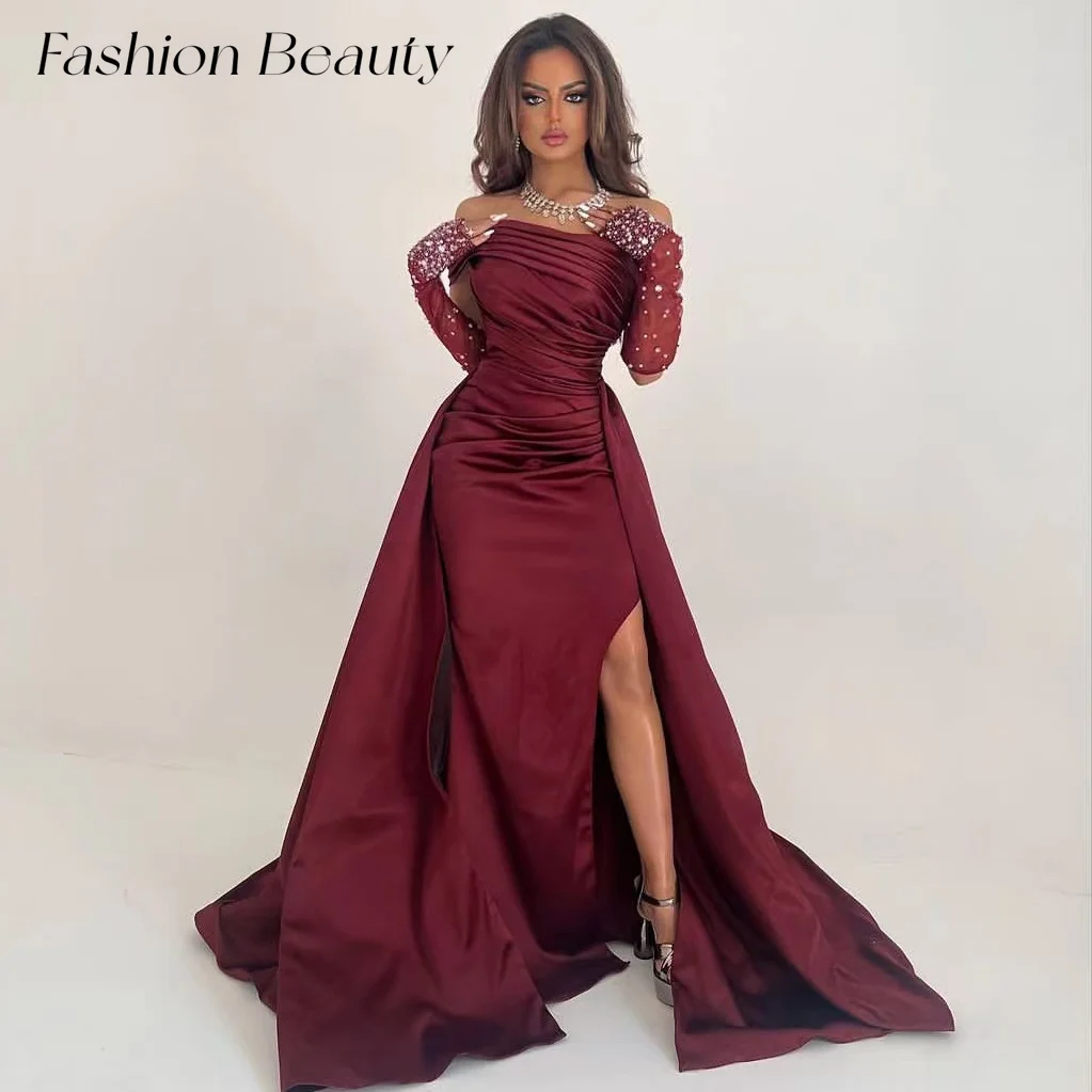 

Fashion Beauty Wine Red Satin Prom Dresses Strapless Shiny Bead Glove Slit Formal Party Dress For Women 2024 düğün parti elbise